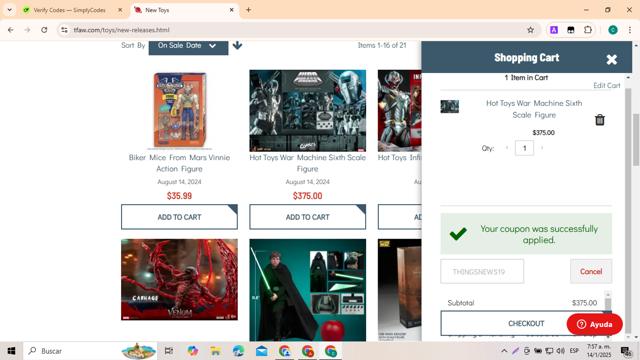Things From Another World checkout page showing Things From Another World discount code box | Screenshot taken by SimplyCodes community member on Jan 14, 2025