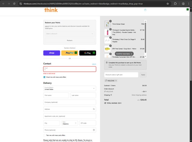 Thinkbaby checkout page showing Thinkbaby promo code box | Screenshot taken by SimplyCodes community member on Sep 8, 2025
