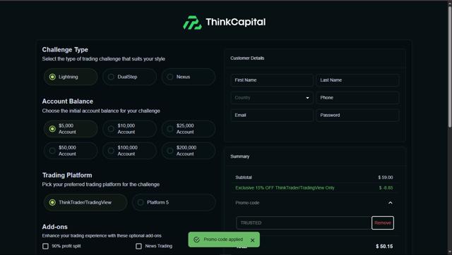 Think Capital checkout page showing Think Capital promo code box | Screenshot taken by SimplyCodes community member on Sep 5, 2025