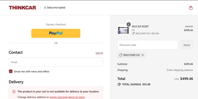 Thinkcar checkout page showing Thinkcar promo code box | Screenshot taken by SimplyCodes community member on Sep 3, 2025
