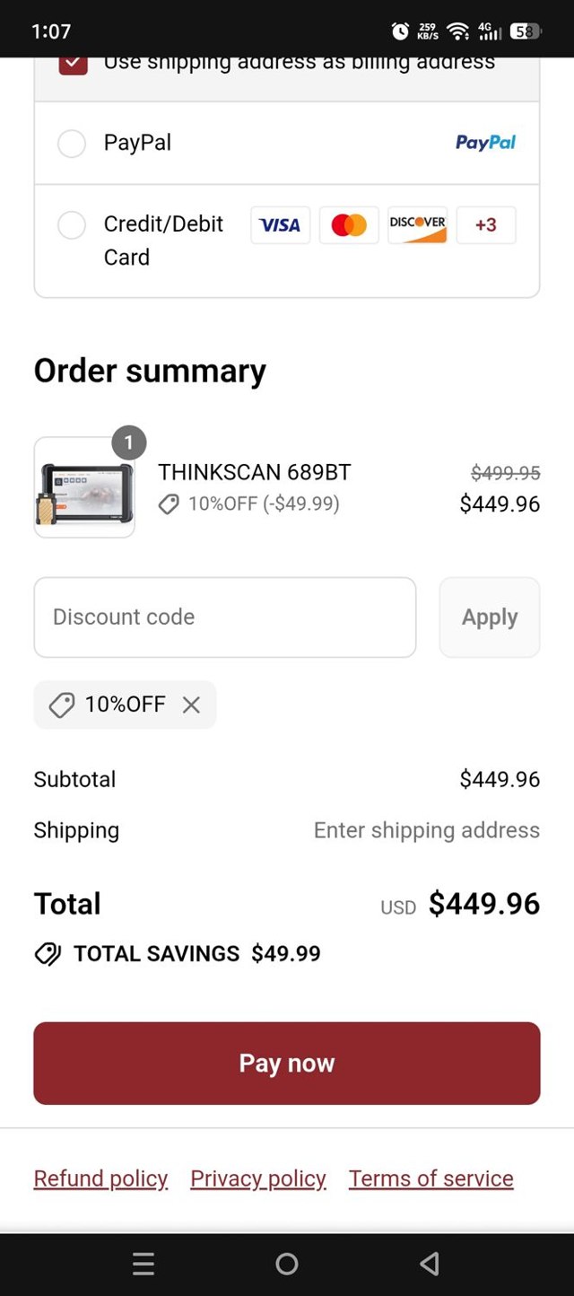 Thinkcar checkout page showing Thinkcar promo code box | Screenshot taken by SimplyCodes community member on Sep 4, 2025