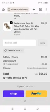 THANKYOU10 coupon verification screenshot