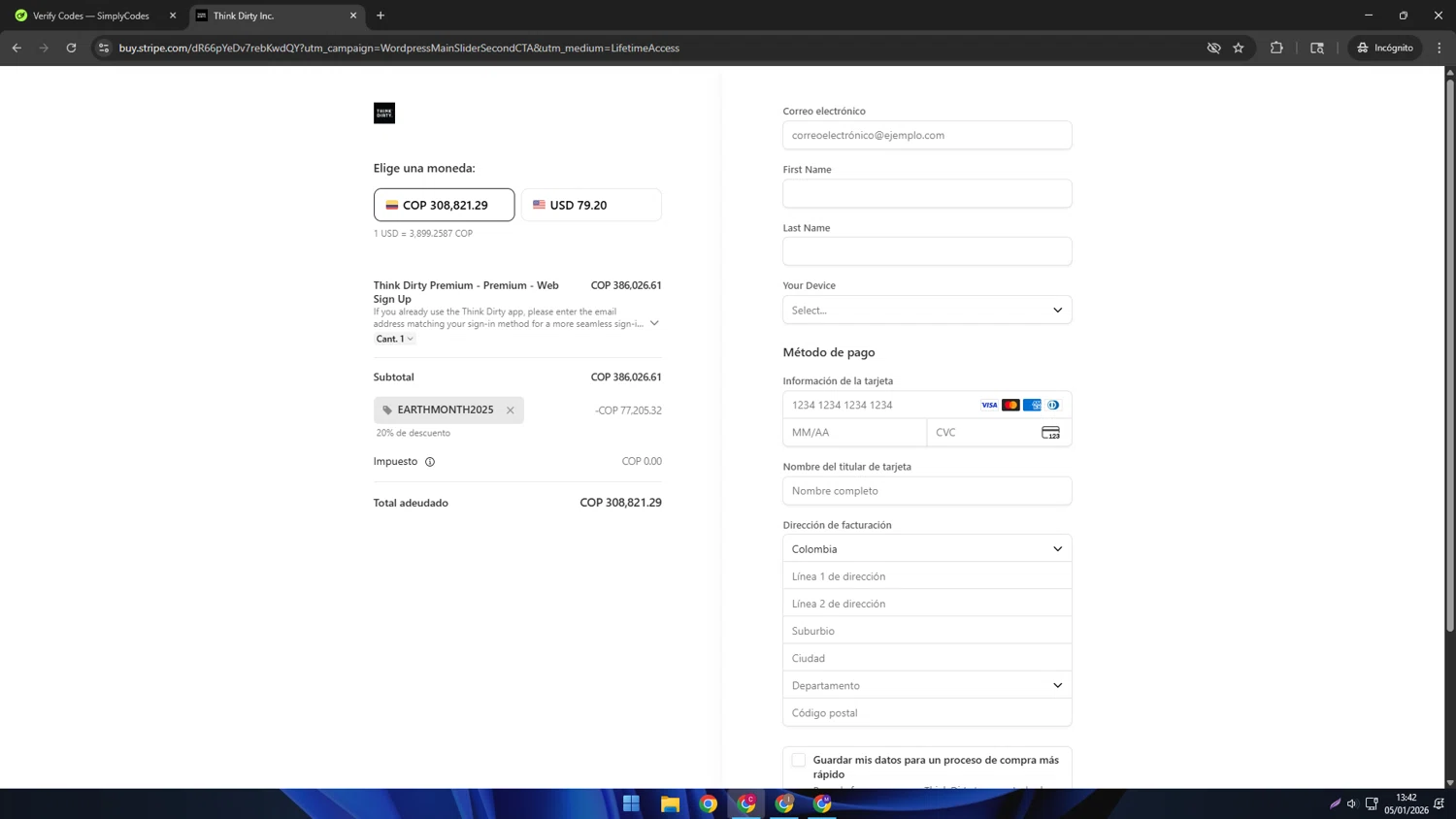Think Dirty App checkout page showing Think Dirty App promo code box | Screenshot taken by SimplyCodes community member on Jan 5, 2026
