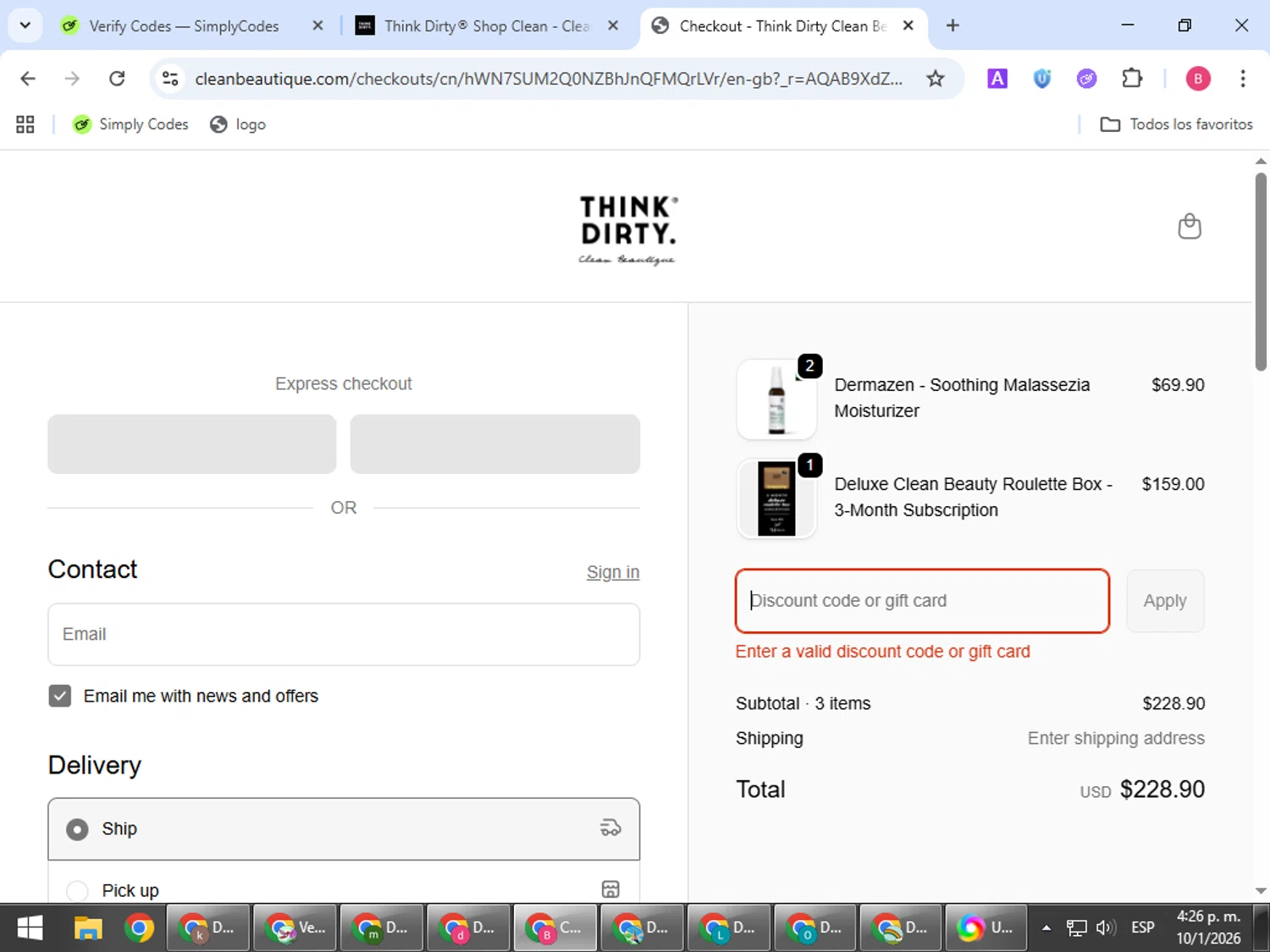 Think Dirty App promo code screenshot showing code EARTHMONTH2025 applied at Think Dirty App checkout page. Uploaded by SimplyCodes community member bombontropical on Jan 10, 2026