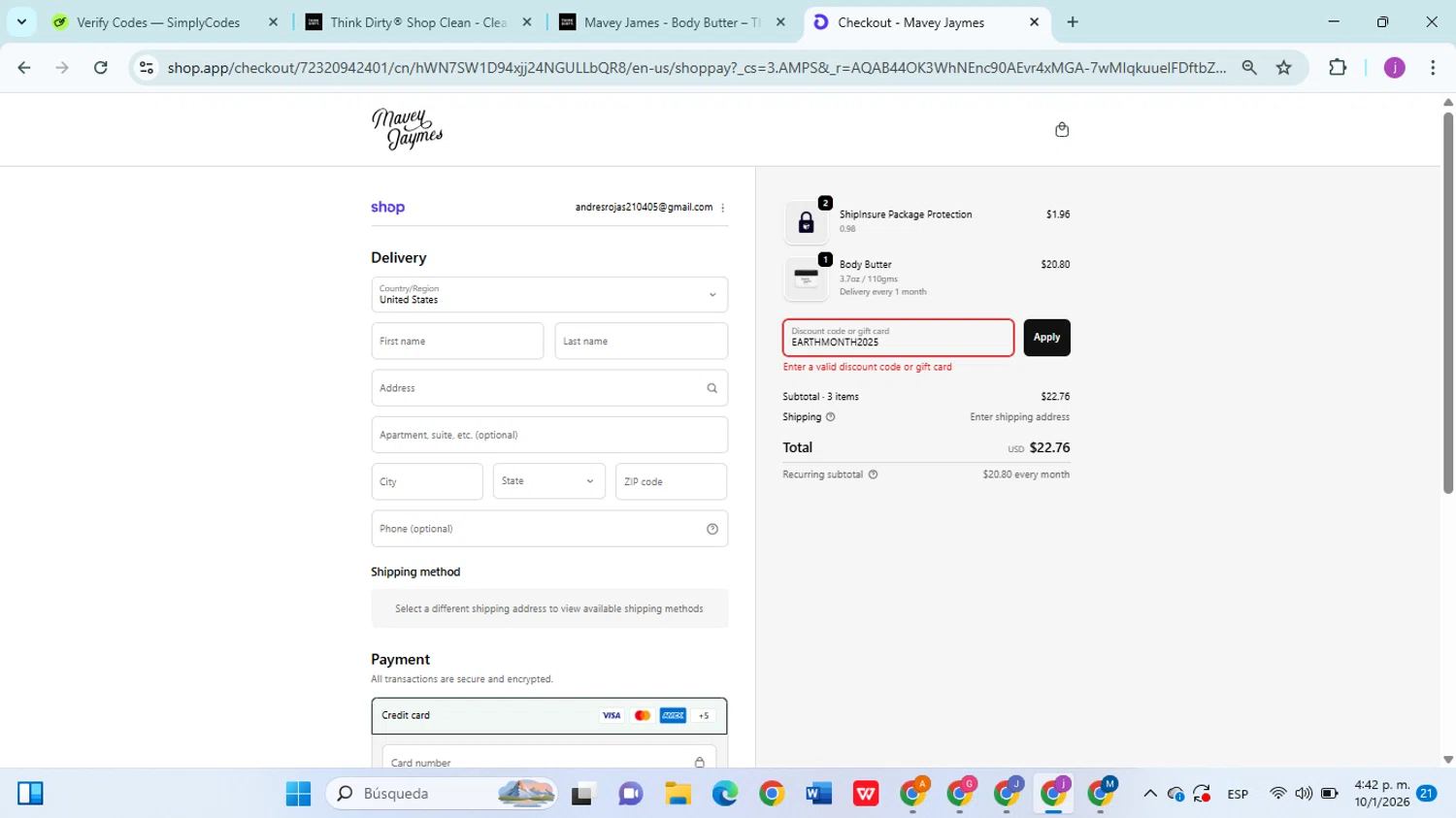 Think Dirty App promo code screenshot showing code EARTHMONTH2025 applied at Think Dirty App checkout page. Uploaded by SimplyCodes community member christophersierra on Jan 10, 2026
