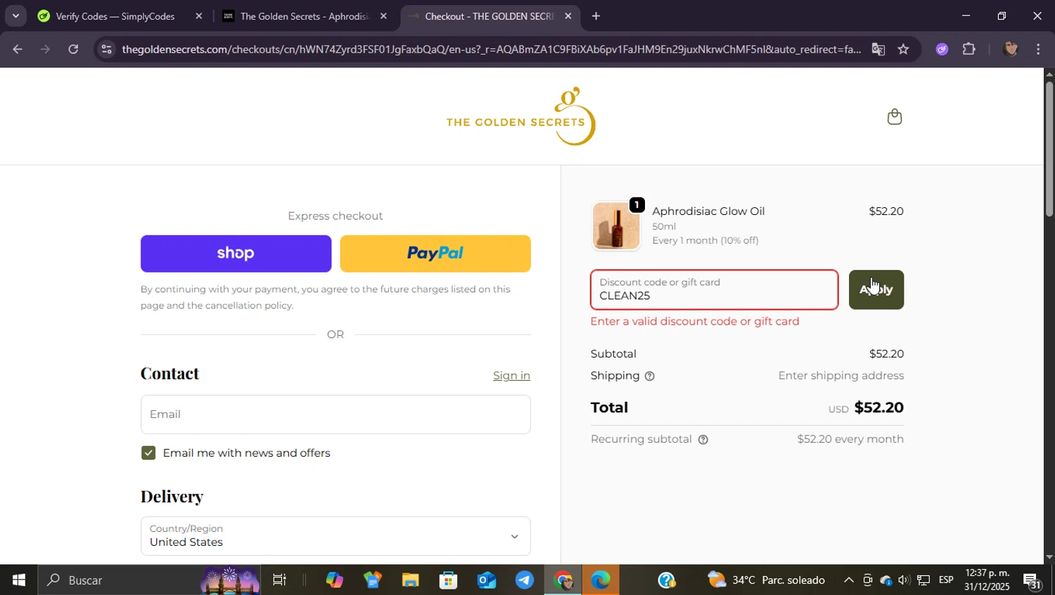 Think Dirty App promo code screenshot showing code CLEAN25 applied at Think Dirty App checkout page. Uploaded by SimplyCodes community member ShieldEagle9436 on Dec 31, 2025