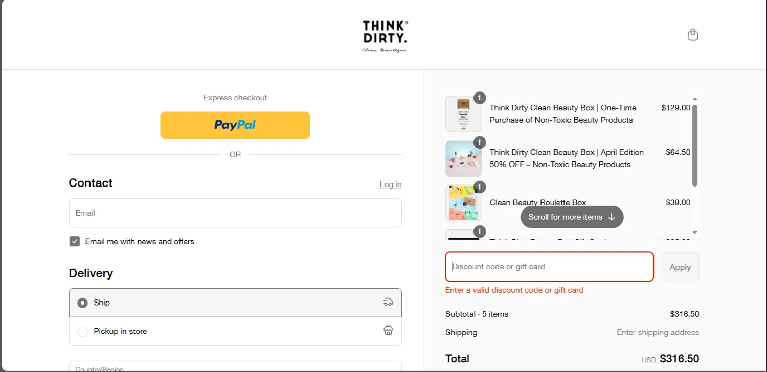 Think Dirty App promo code screenshot showing code CLEAN25 applied at Think Dirty App checkout page. Uploaded by SimplyCodes community member jupitera on May 27, 2025