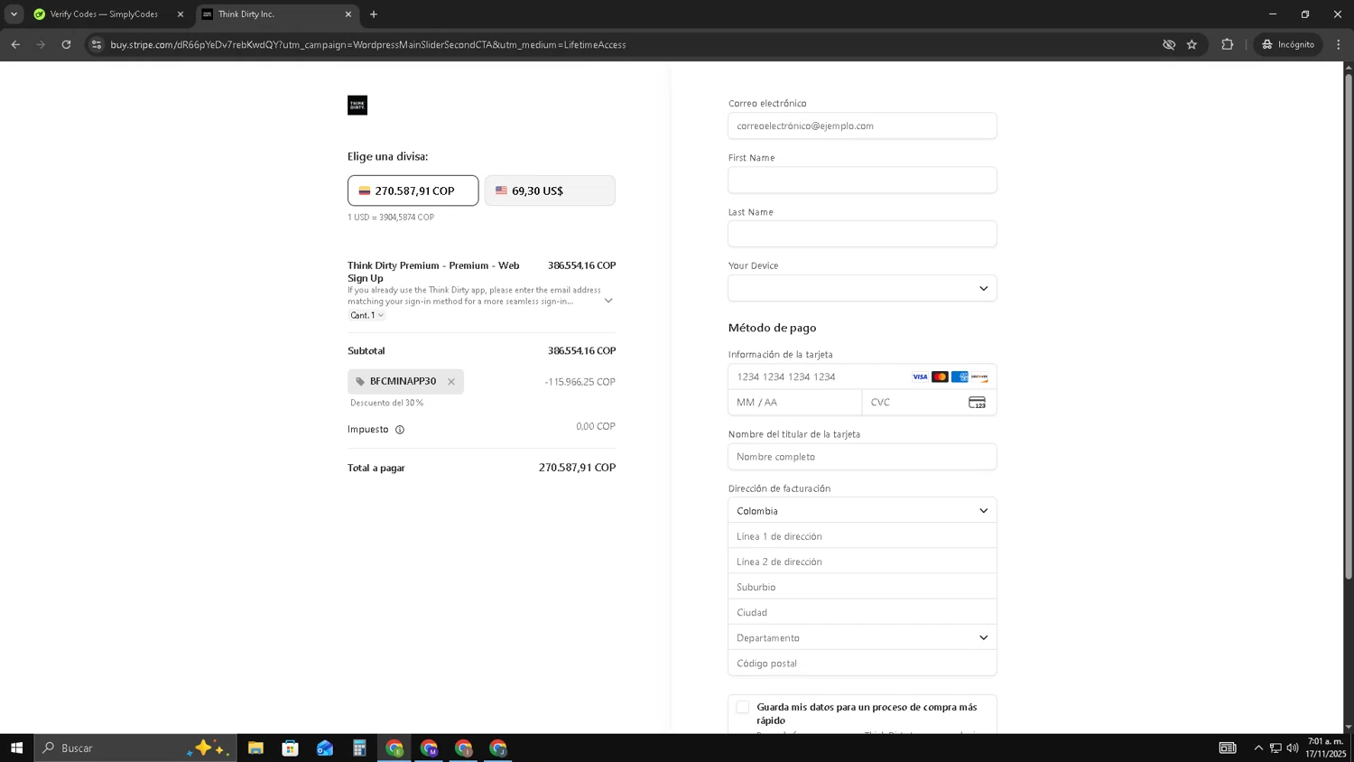 Think Dirty App promo code screenshot showing code BFCMINAPP30 applied at Think Dirty App checkout page. Uploaded by SimplyCodes community member SUZUKIV on Nov 17, 2025