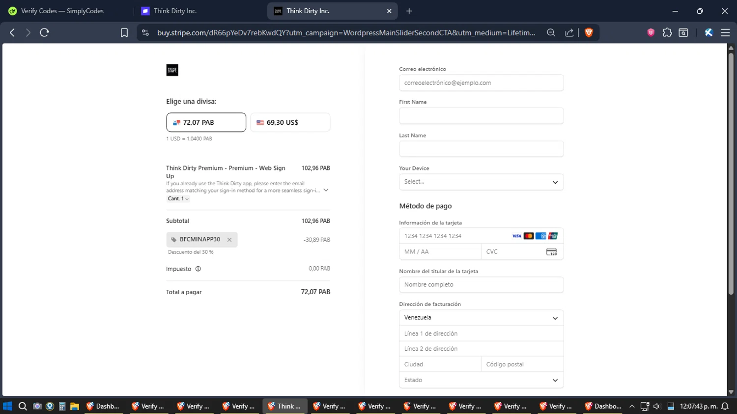 Think Dirty App promo code screenshot showing code BFCMINAPP30 applied at Think Dirty App checkout page. Uploaded by SimplyCodes community member SoulPower on Dec 26, 2025