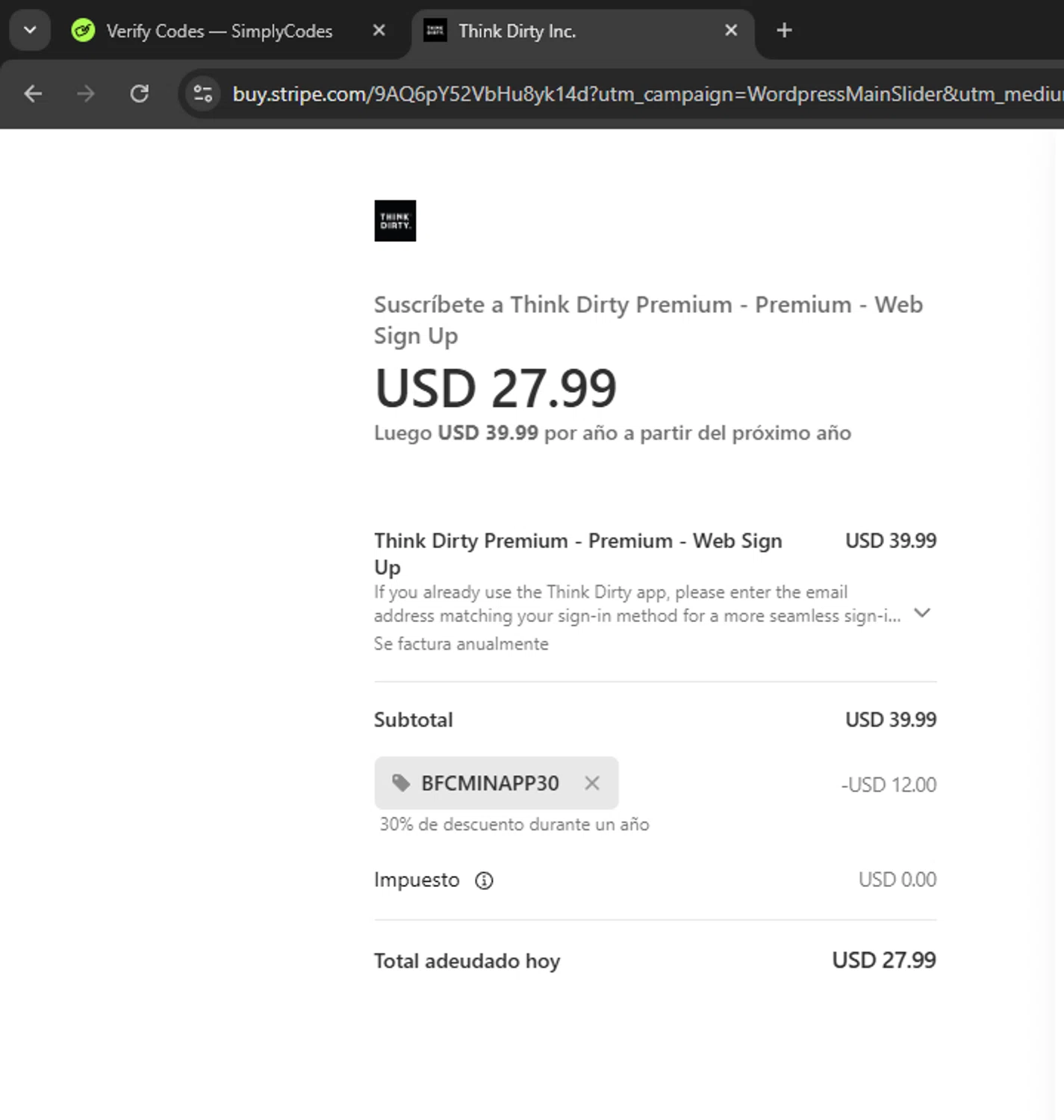 Think Dirty App checkout page showing Think Dirty App promo code box | Screenshot taken by SimplyCodes community member on Jan 5, 2026