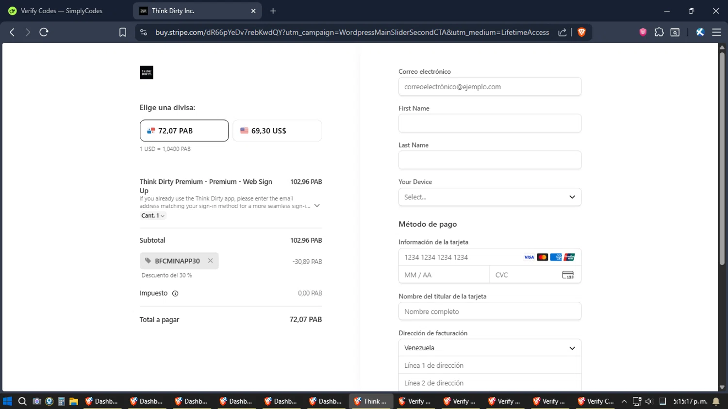 Think Dirty App checkout page showing Think Dirty App promo code box | Screenshot taken by SimplyCodes community member on Jan 5, 2026