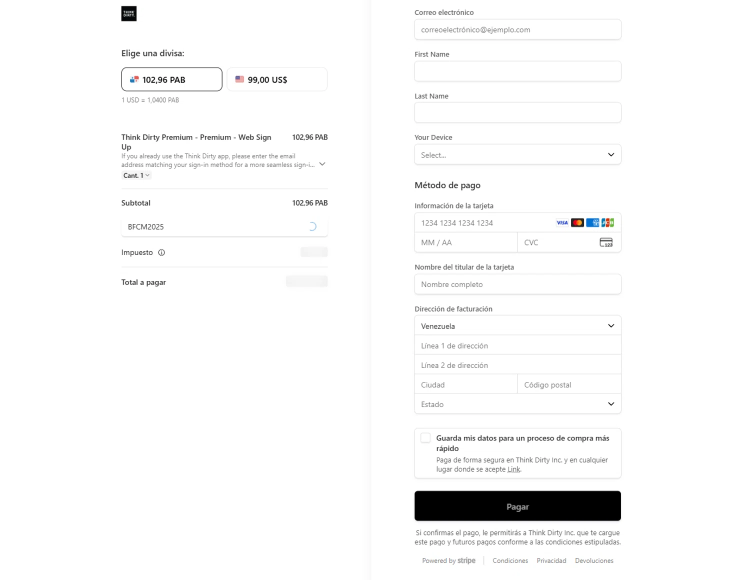 Think Dirty App promo code screenshot showing code BFCM2025 applied at Think Dirty App checkout page. Uploaded by SimplyCodes community member Halanweik on Dec 26, 2025