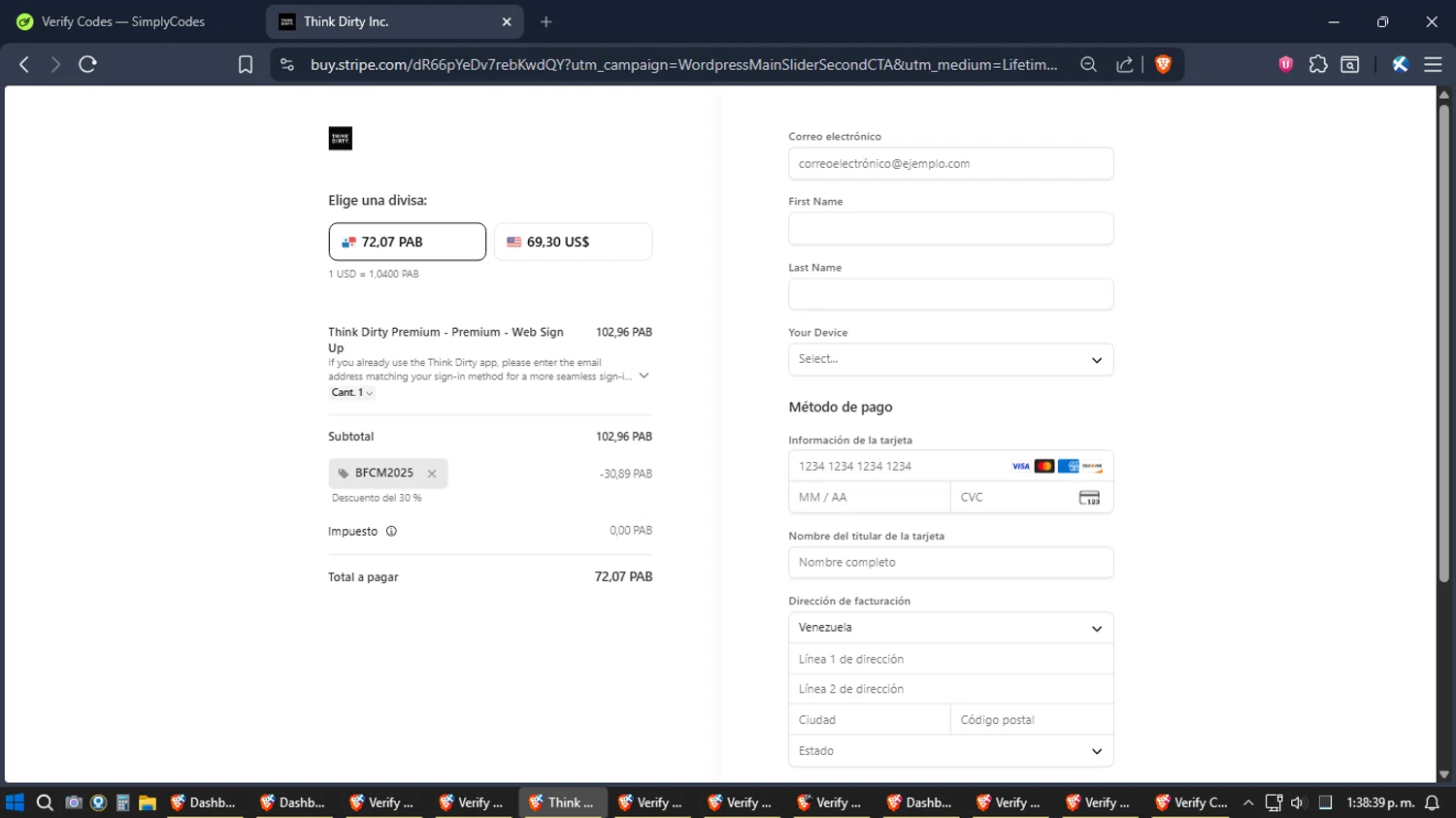 Think Dirty App promo code screenshot showing code BFCM2025 applied at Think Dirty App checkout page. Uploaded by SimplyCodes community member SoulPower on Dec 26, 2025