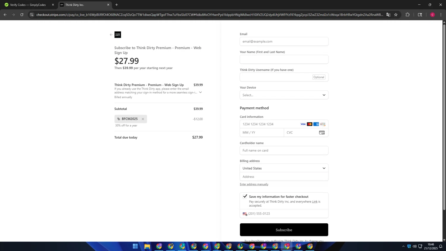 Think Dirty App promo code screenshot showing code BFCM2025 applied at Think Dirty App checkout page. Uploaded by SimplyCodes community member TOROREX250 on Dec 21, 2025