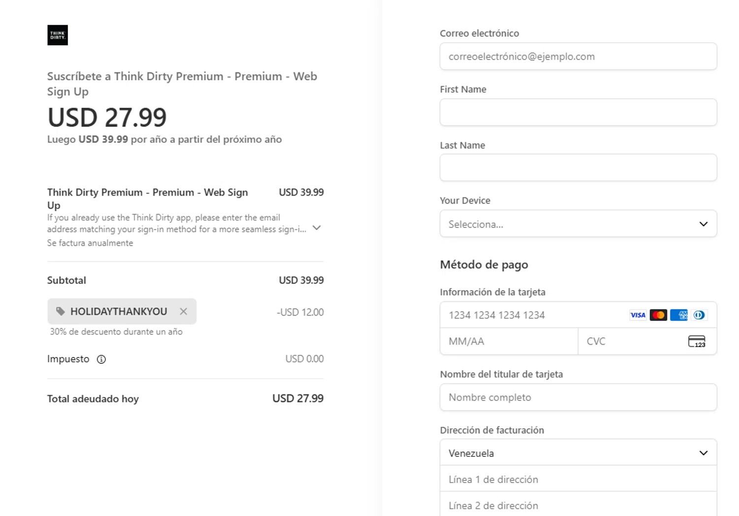 Think Dirty App checkout page showing Think Dirty App promo code box | Screenshot taken by SimplyCodes community member on Jan 30, 2026