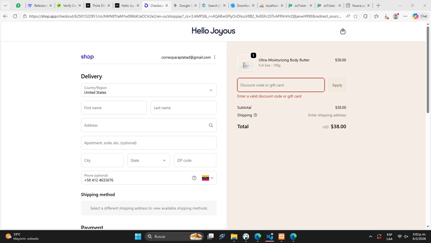 Think Dirty App promo code screenshot showing code VDAYSAVE20 applied at Think Dirty App checkout page. Uploaded by SimplyCodes community member DaniTsu on Feb 6, 2026