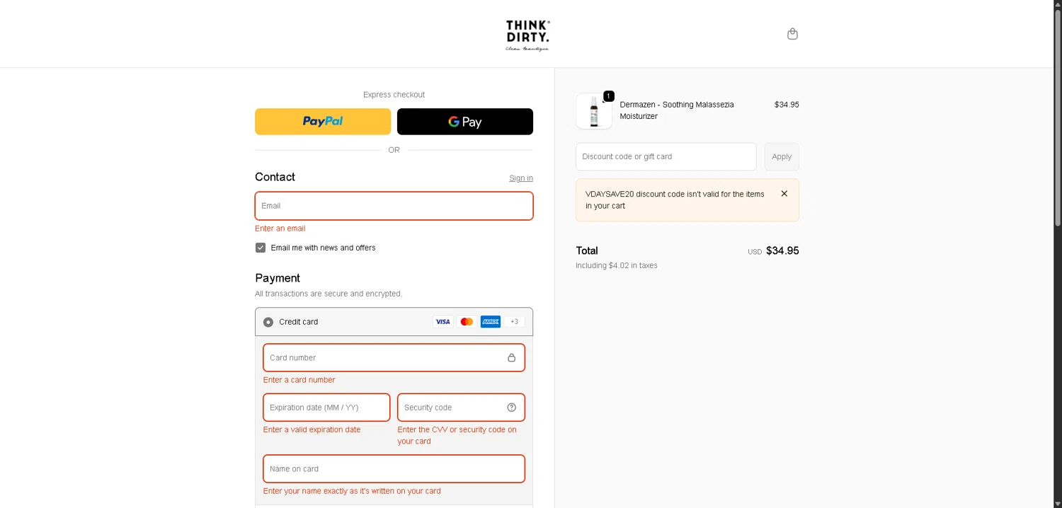 Think Dirty App checkout page showing Think Dirty App promo code box | Screenshot taken by SimplyCodes community member on Feb 6, 2026