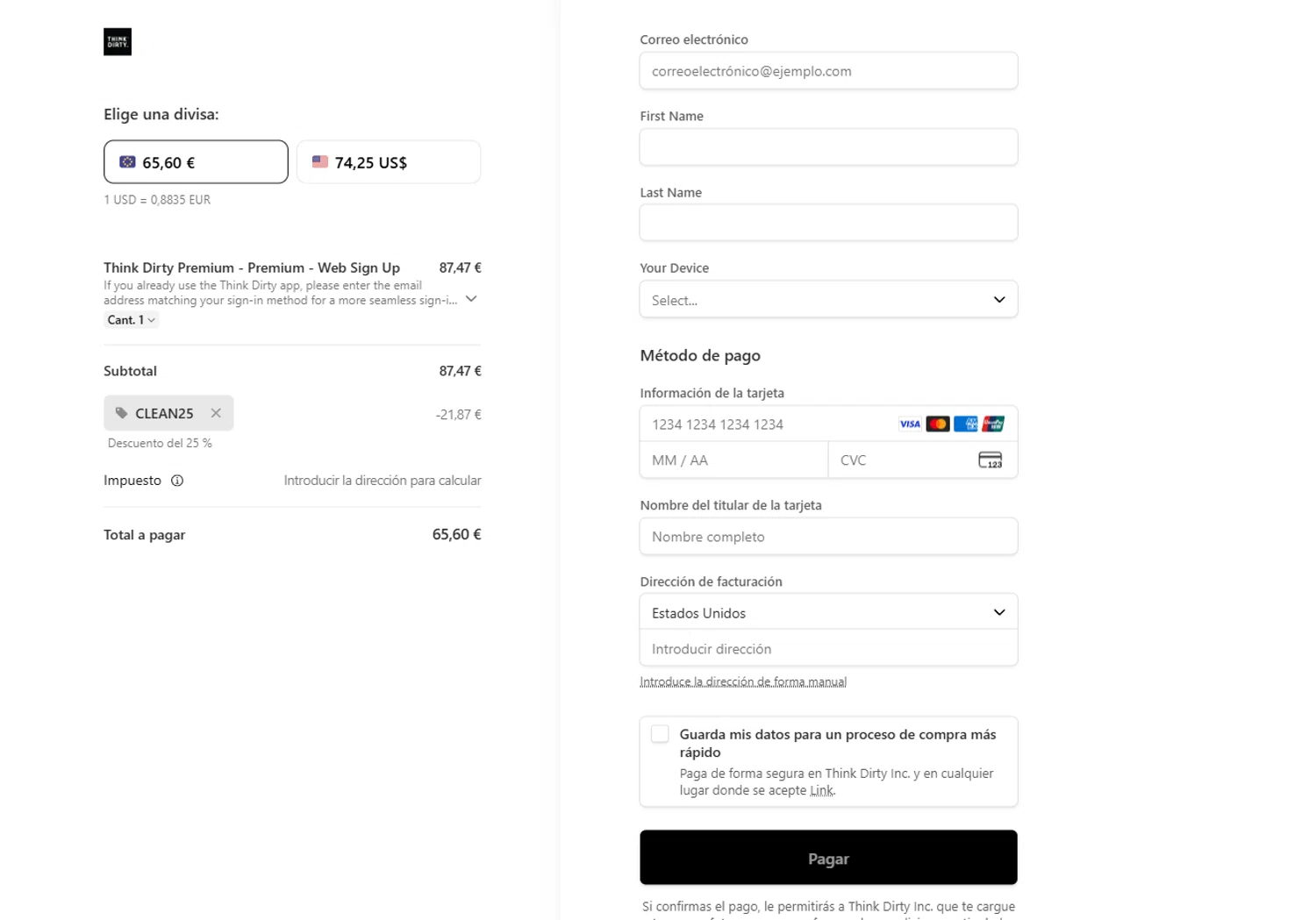 Think Dirty App promo code screenshot showing code CLEAN25 applied at Think Dirty App checkout page. Uploaded by SimplyCodes community member Billyyou on Dec 26, 2025