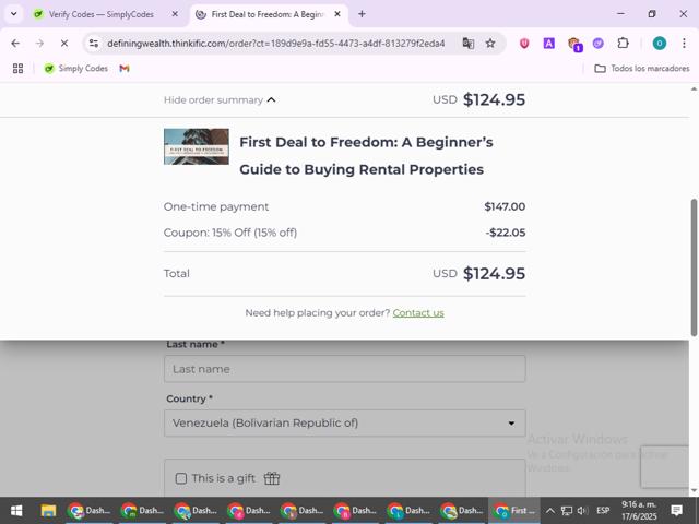 Thinkific checkout page showing Thinkific promo code box | Screenshot taken by SimplyCodes community member on Jun 17, 2025
