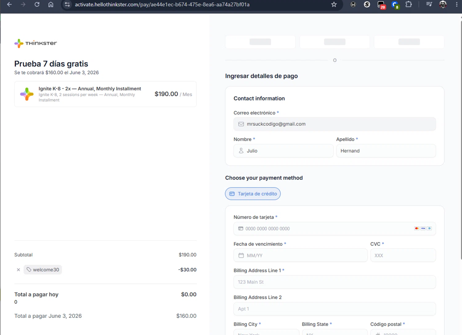 Thinkster Math promo code screenshot showing code welcome30 applied at Thinkster Math checkout page. Uploaded by SimplyCodes community member Jmhernand1 on May 27, 2026