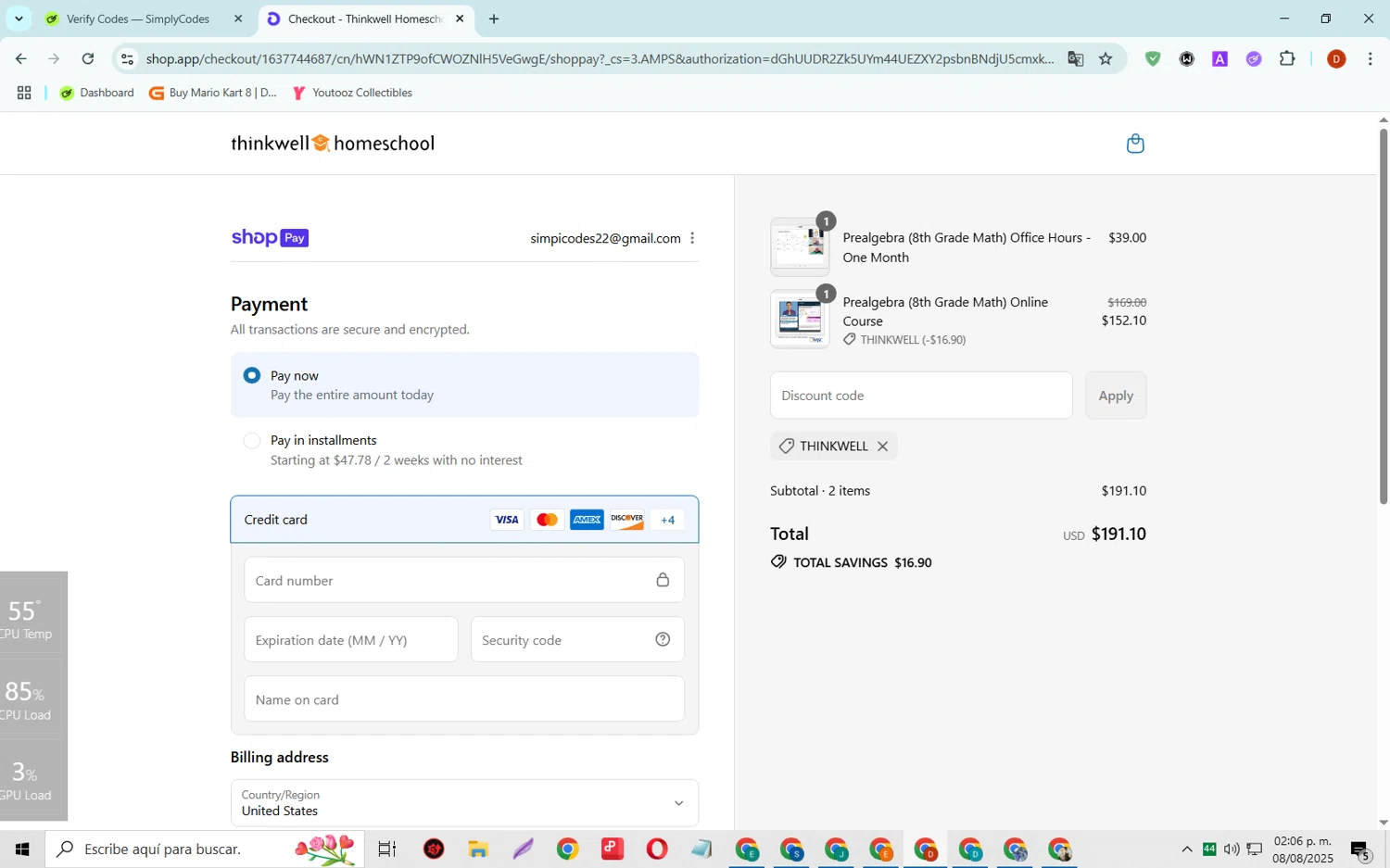 Thinkwell Homeschool discount code screenshot showing code THINKWELL applied at Thinkwell Homeschool checkout page. Uploaded by SimplyCodes community member SaleSaver3540 on Aug 8, 2025