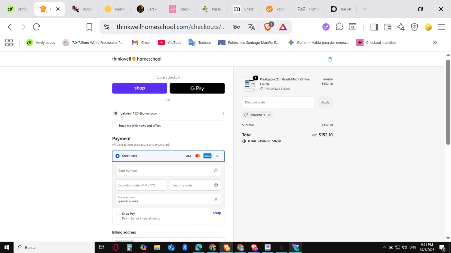 Thinkwell Homeschool discount code screenshot showing code THINKWELL applied at Thinkwell Homeschool checkout page. Uploaded by SimplyCodes community member conorgrey on Oct 6, 2025