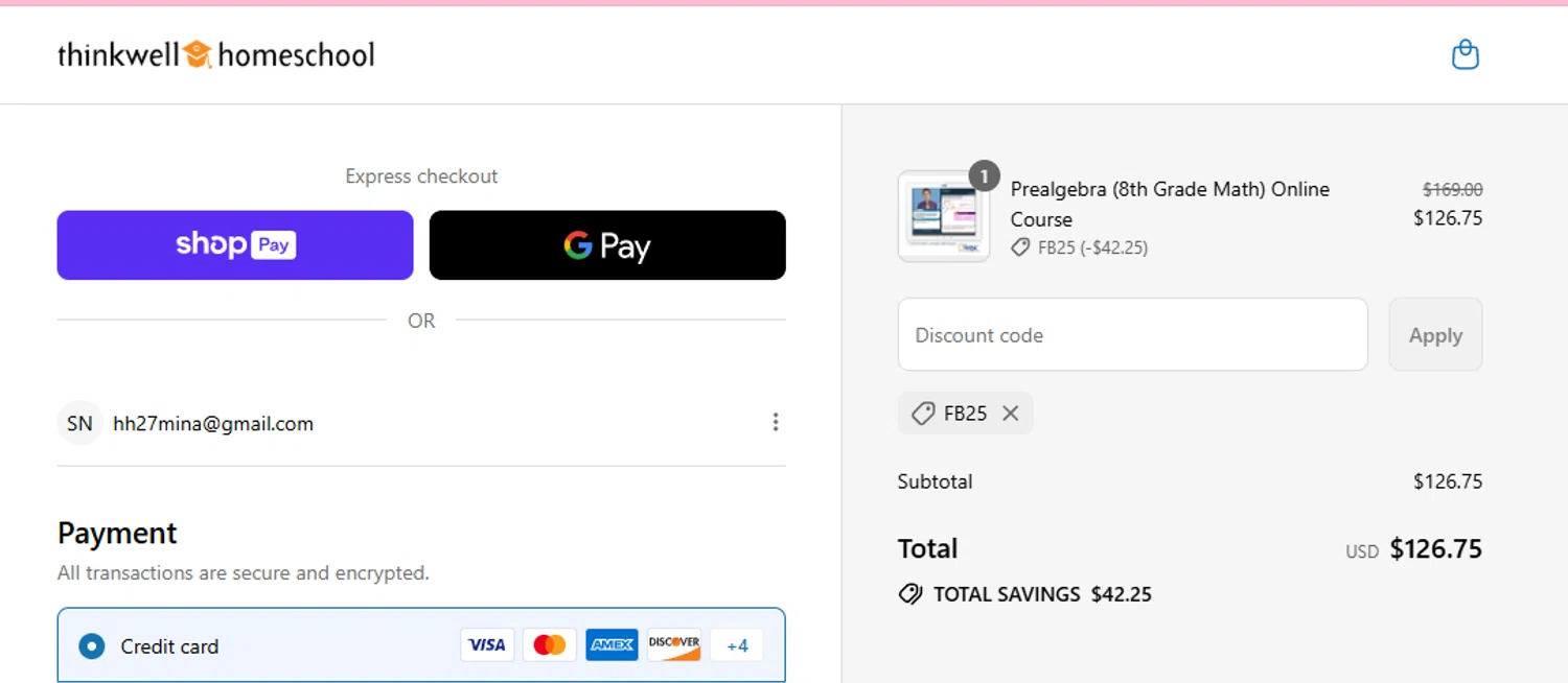 Thinkwell Homeschool discount code screenshot showing code FB25 applied at Thinkwell Homeschool checkout page. Uploaded by SimplyCodes community member aumentadax10 on Aug 8, 2025