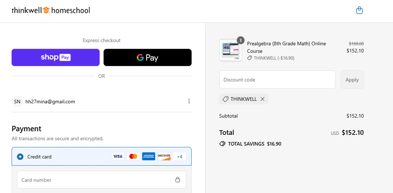 Thinkwell Homeschool discount code screenshot showing code THINKWELL applied at Thinkwell Homeschool checkout page. Uploaded by SimplyCodes community member aumentadax10 on Aug 8, 2025