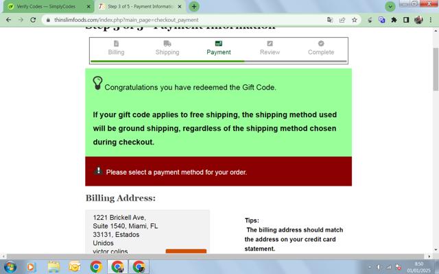 Thin Slim Foods checkout page showing Thin Slim Foods coupon code box | Screenshot taken by SimplyCodes community member on Jan 1, 2025