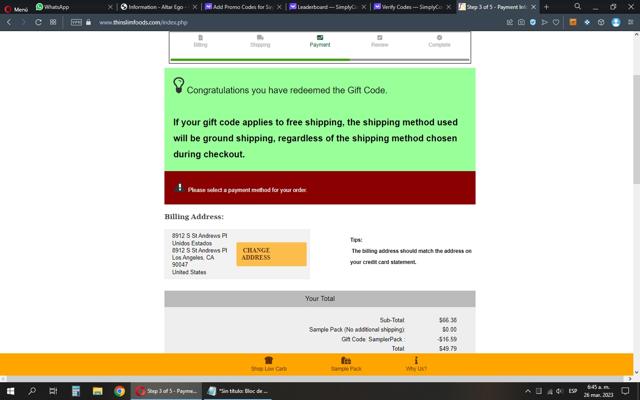 Thin Slim Foods checkout page showing Thin Slim Foods coupon code box | Screenshot taken by SimplyCodes community member on Mar 26, 2023