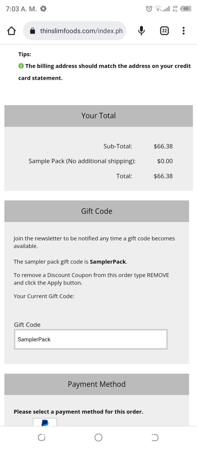 Thin Slim Foods checkout page showing Thin Slim Foods coupon code box | Screenshot taken by SimplyCodes community member on Apr 24, 2023