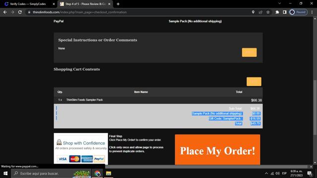 Thin Slim Foods checkout page showing Thin Slim Foods coupon code box | Screenshot taken by SimplyCodes community member on Jan 27, 2023