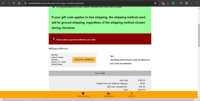 Thin Slim Foods checkout page showing Thin Slim Foods coupon code box | Screenshot taken by SimplyCodes community member on Dec 29, 2023