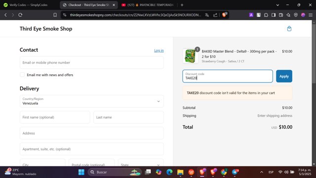 Third Eye Smoke Shop checkout page showing Third Eye Smoke Shop discount code box | Screenshot taken by SimplyCodes community member on Mar 5, 2025