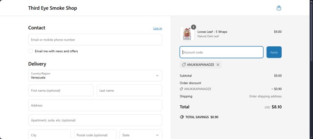 Third Eye Smoke Shop checkout page showing Third Eye Smoke Shop discount code box | Screenshot taken by SimplyCodes community member on Apr 5, 2025