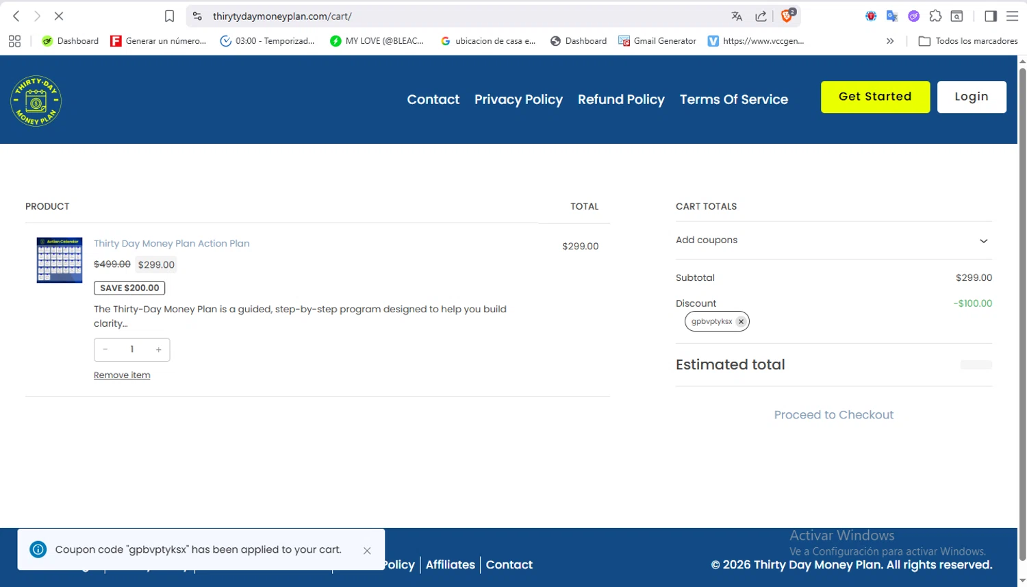 Thirty Day Money Plan promo code screenshot showing code gpbvptyksx applied at Thirty Day Money Plan checkout page. Uploaded by SimplyCodes community member VoucherFalcon3942 on Jan 29, 2026