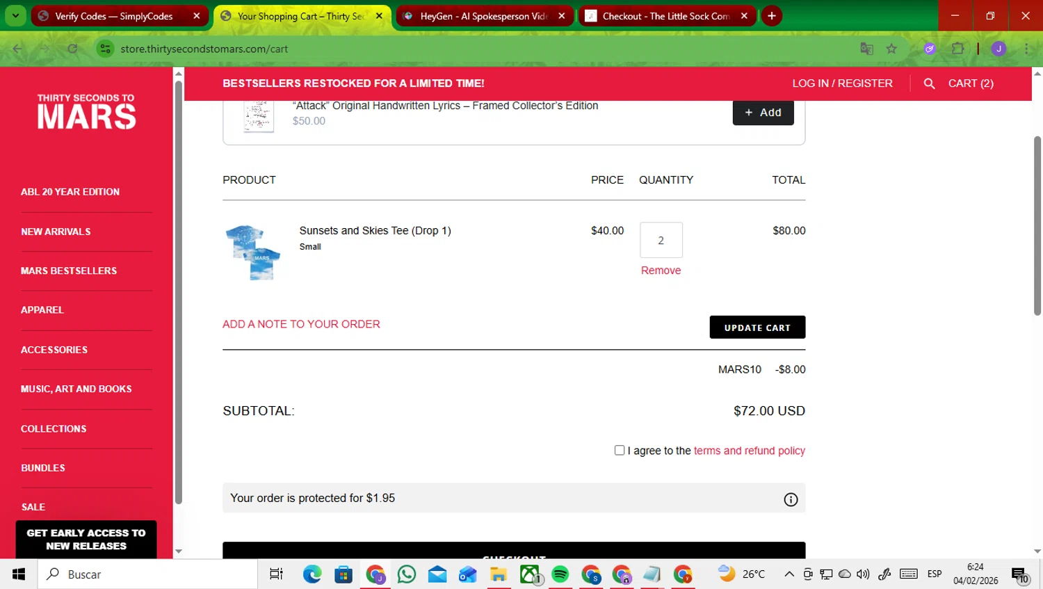 Thirty Seconds to Mars checkout page showing Thirty Seconds to Mars promo code box | Screenshot taken by SimplyCodes community member on Feb 4, 2026
