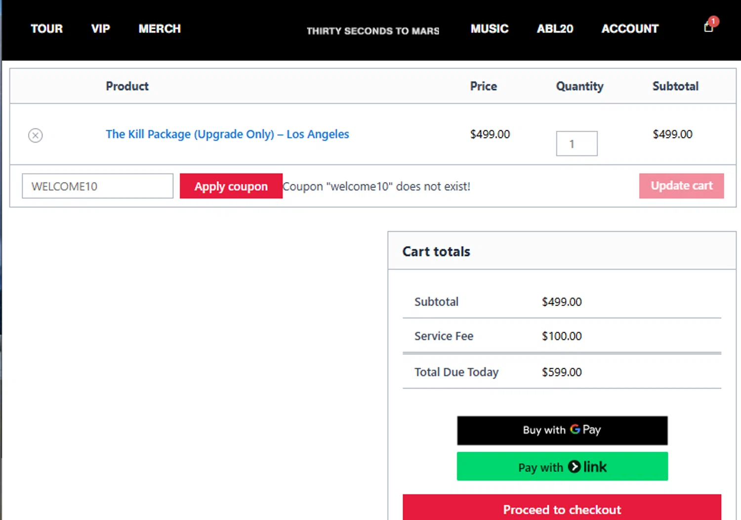 Thirty Seconds to Mars promo code screenshot showing code WELCOME10 applied at Thirty Seconds to Mars checkout page. Uploaded by SimplyCodes community member OsbelSanchez23 on Aug 14, 2025