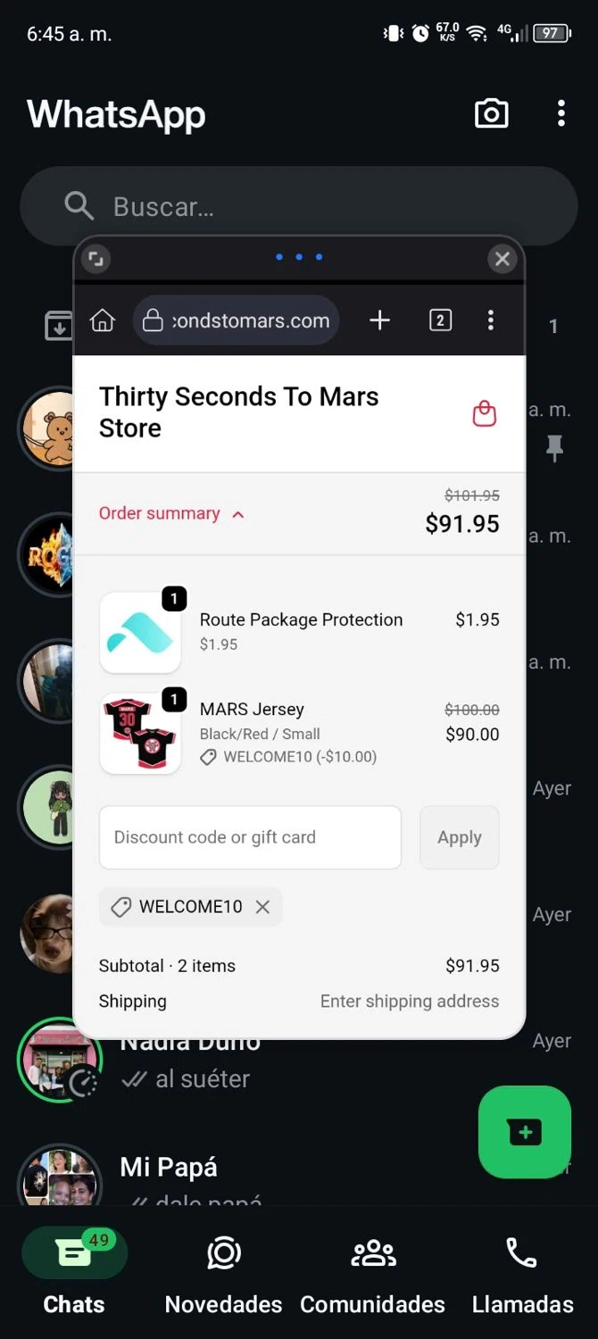 Thirty Seconds to Mars checkout page showing Thirty Seconds to Mars promo code box | Screenshot taken by SimplyCodes community member on Feb 4, 2026