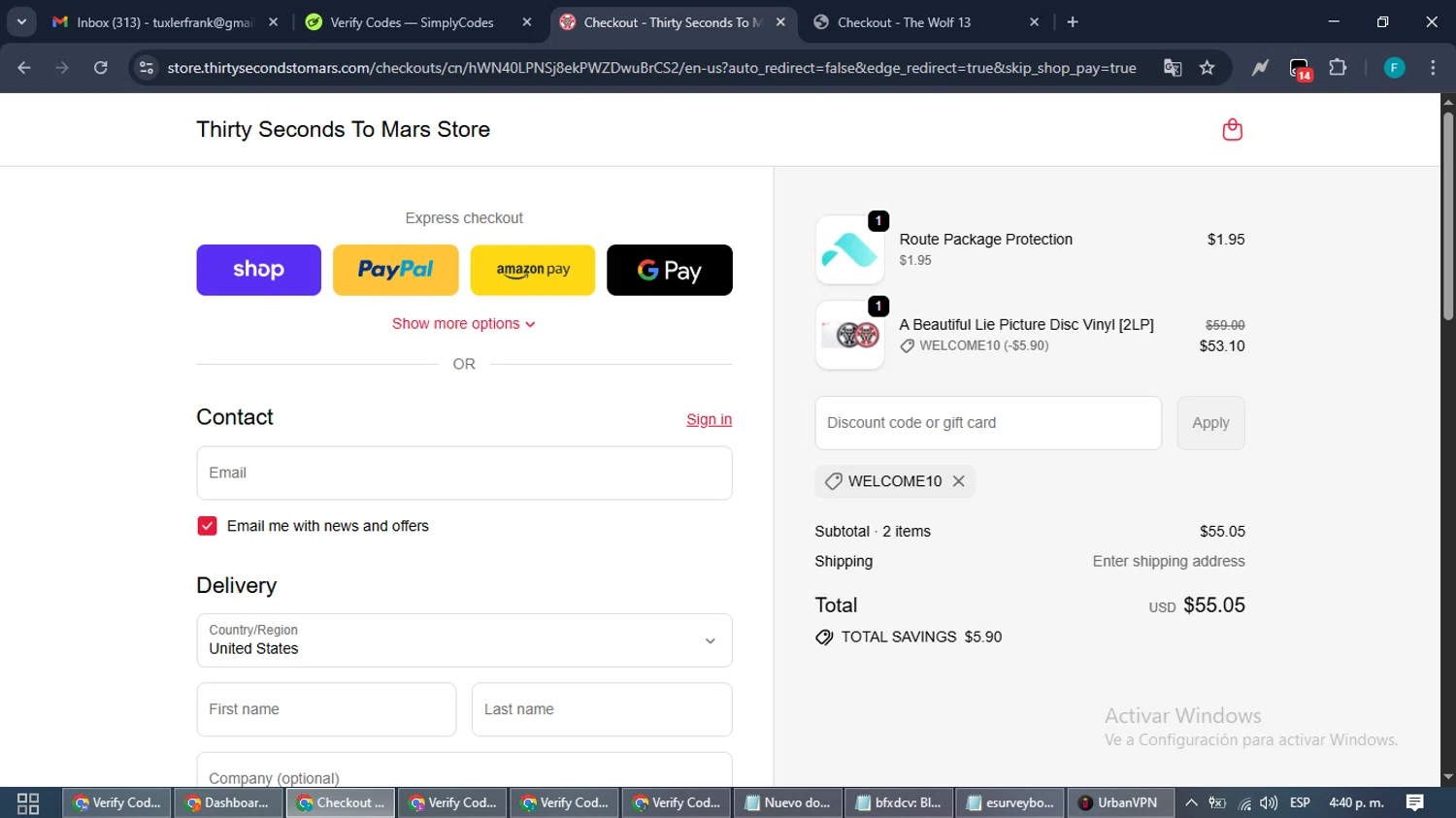 Thirty Seconds to Mars promo code screenshot showing code WELCOME10 applied at Thirty Seconds to Mars checkout page. Uploaded by SimplyCodes community member ShrewdTitan3233 on Oct 11, 2025