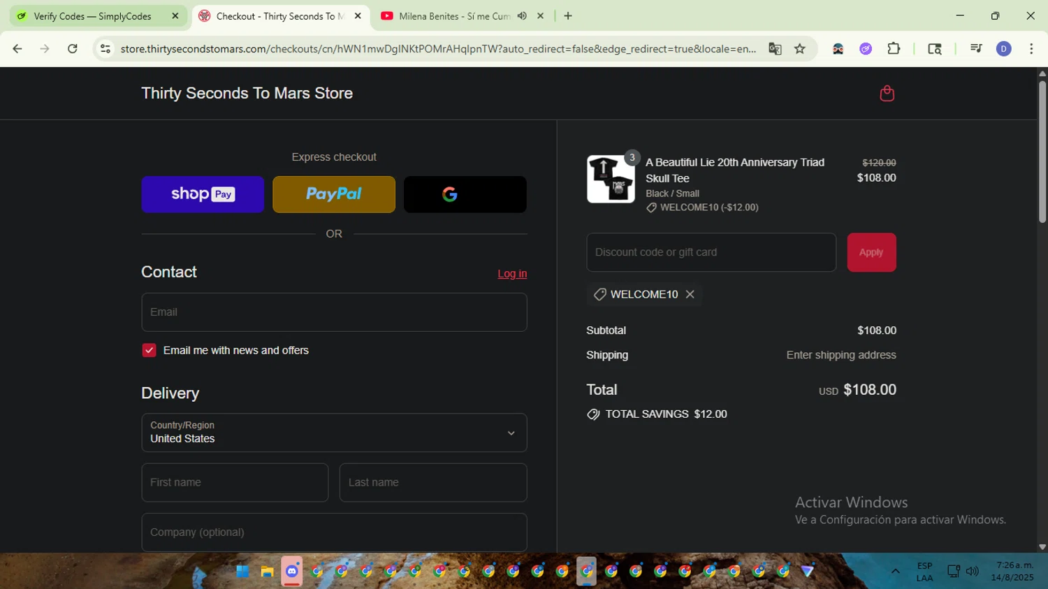 Thirty Seconds to Mars promo code screenshot showing code WELCOME10 applied at Thirty Seconds to Mars checkout page. Uploaded by SimplyCodes community member VoucherTitan8325 on Aug 14, 2025