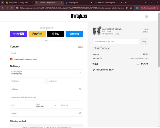 ThirtyTwo checkout page showing ThirtyTwo discount code box | Screenshot taken by SimplyCodes community member on Feb 24, 2025
