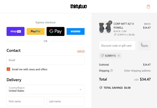 ThirtyTwo checkout page showing ThirtyTwo discount code box | Screenshot taken by SimplyCodes community member on Mar 6, 2025