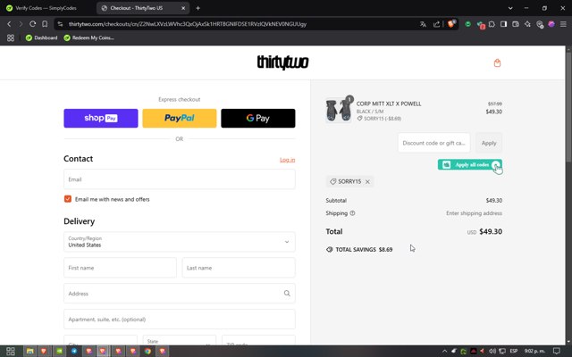 ThirtyTwo checkout page showing ThirtyTwo discount code box | Screenshot taken by SimplyCodes community member on Feb 20, 2025