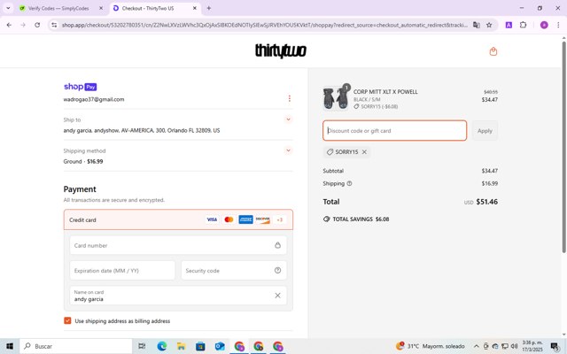 ThirtyTwo checkout page showing ThirtyTwo discount code box | Screenshot taken by SimplyCodes community member on Mar 17, 2025