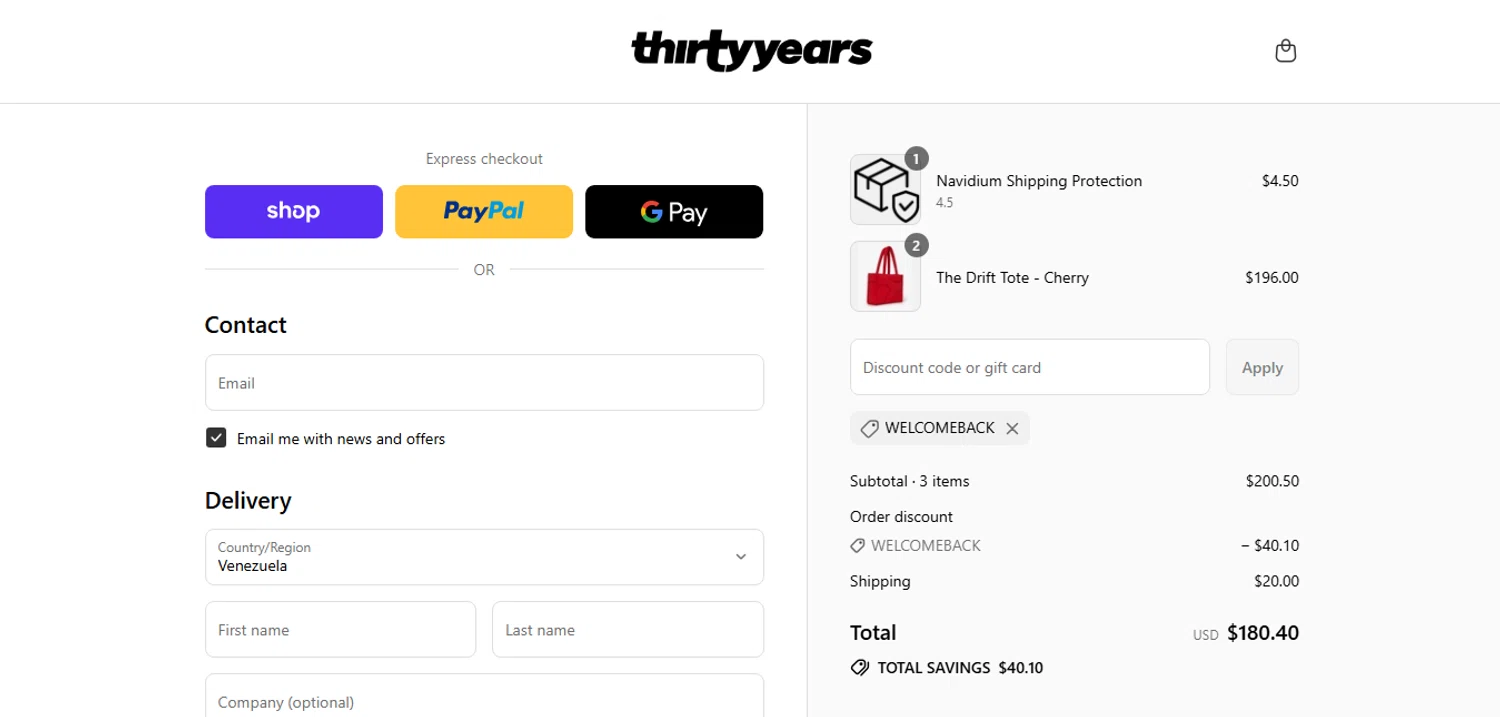 Thirty Years discount code screenshot showing code WELCOMEBACK applied at Thirty Years checkout page. Uploaded by SimplyCodes community member CashAce9852 on Sep 13, 2025