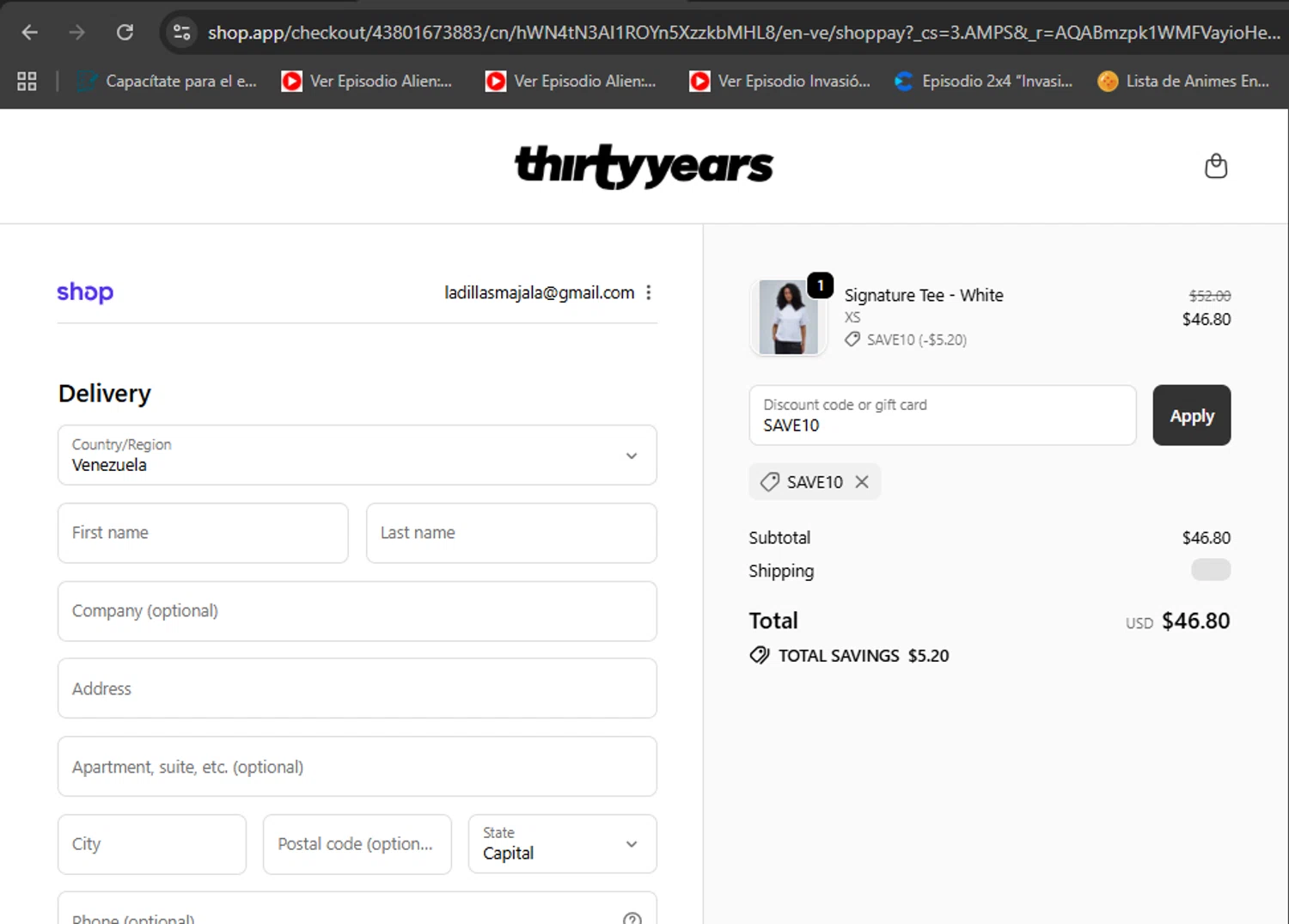 Thirty Years discount code screenshot showing code SAVE10 applied at Thirty Years checkout page. Uploaded by SimplyCodes community member eduardolopez on Nov 4, 2025