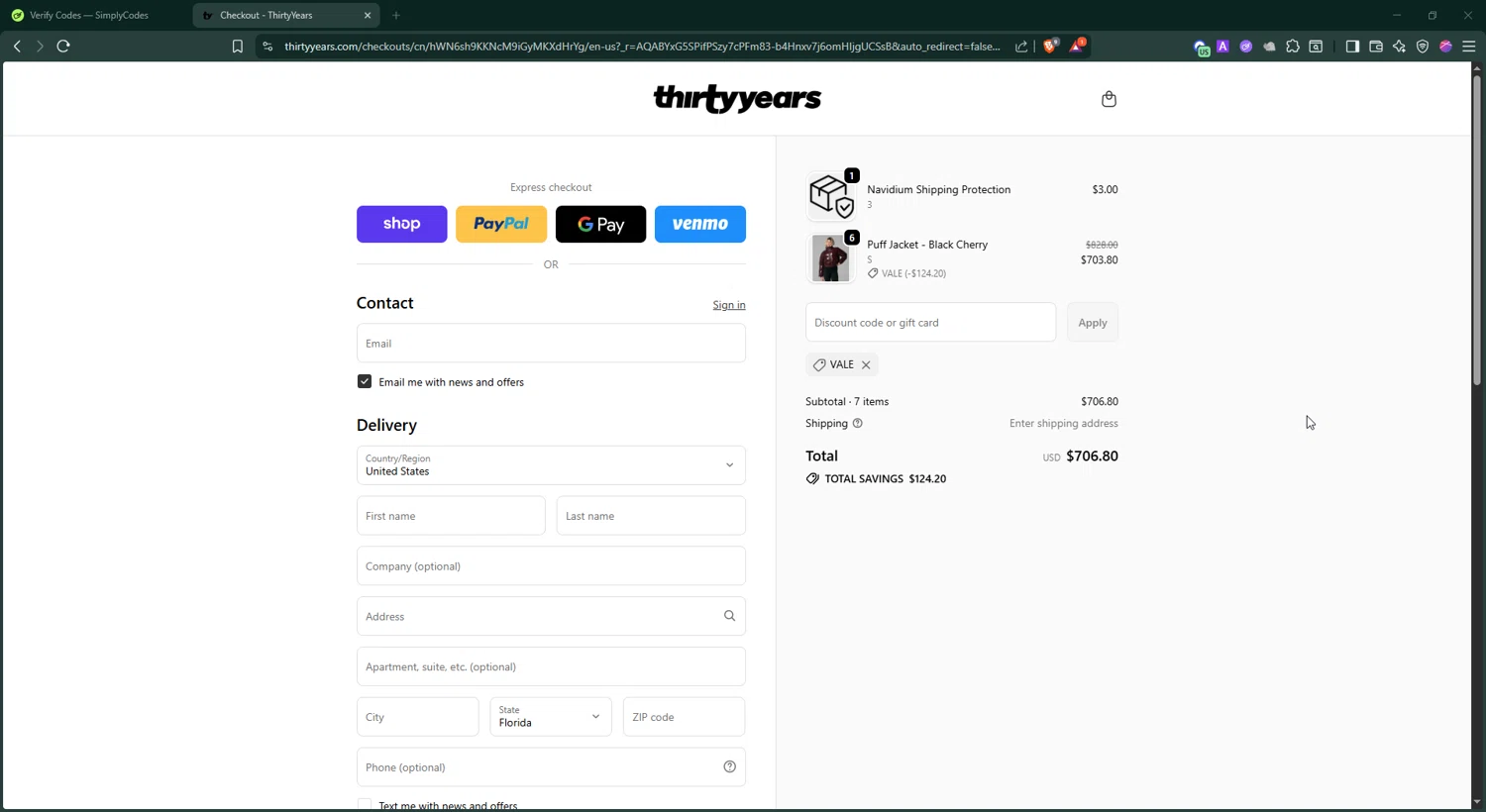Thirty Years discount code screenshot showing code VALE applied at Thirty Years checkout page. Uploaded by SimplyCodes community member BonusShopper4099 on Dec 26, 2025