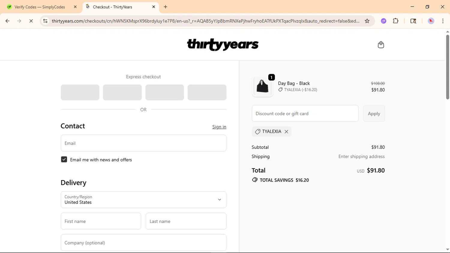 Thirty Years discount code screenshot showing code TYALEXIA applied at Thirty Years checkout page. Uploaded by SimplyCodes community member ValueFox5508 on Nov 15, 2025