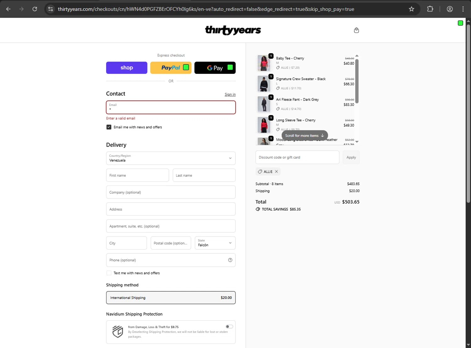 Thirty Years discount code screenshot showing code ALLIE applied at Thirty Years checkout page. Uploaded by SimplyCodes community member jickselyspolanco on Oct 28, 2025